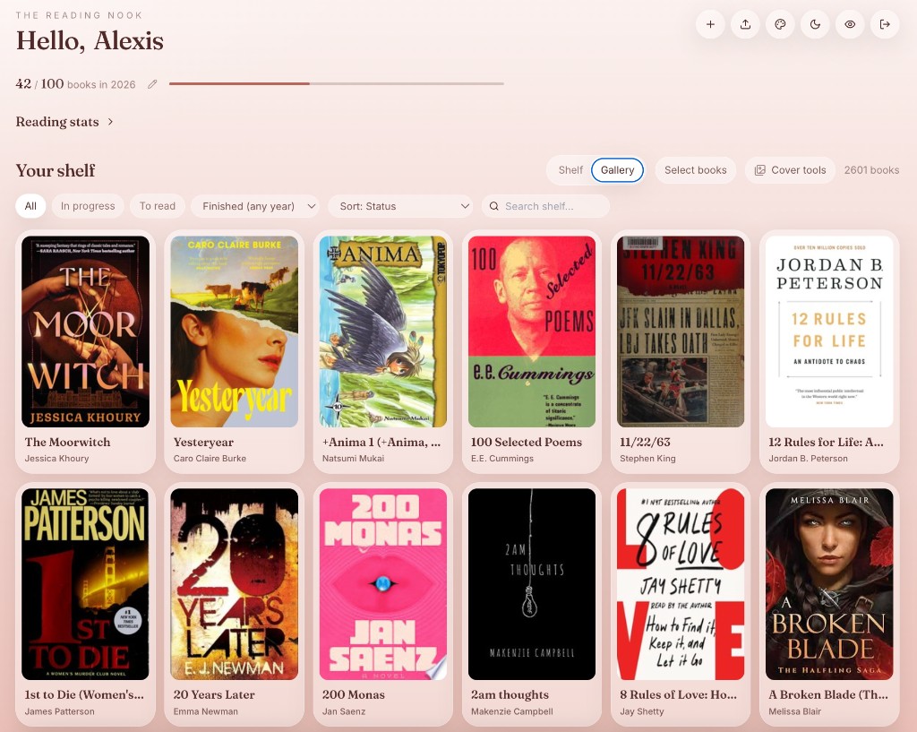 The Reading Nook gallery view showing book covers in a grid