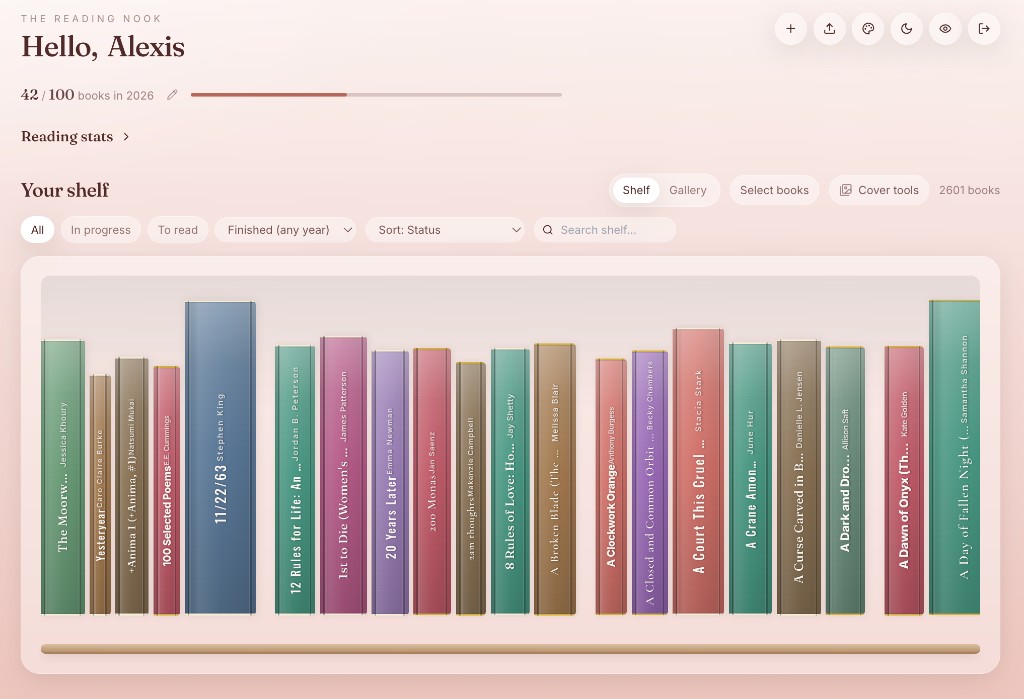 The Reading Nook shelf view with vertical bookshelf and reading goals