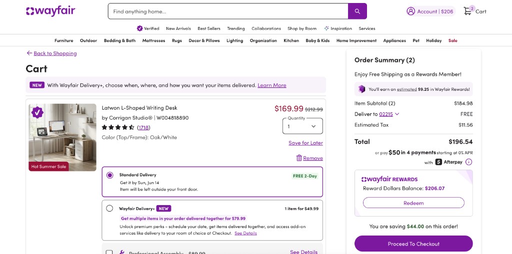 Wayfair cart page showing product details, delivery options, and order summary